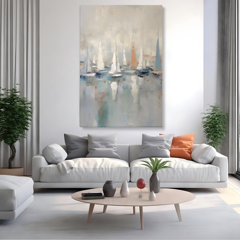 Tablou canvas cu pictura abstracta cu barci cu panze, fara rama, pe sasiu de lemn, pe perete intr-un living